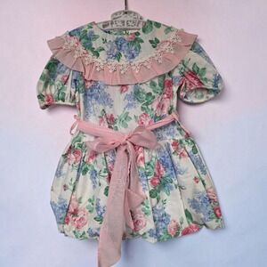 Vintage Thomas Girls Floral Lace Ruffle Dress Pink Blue Rose Cottagecore 4T